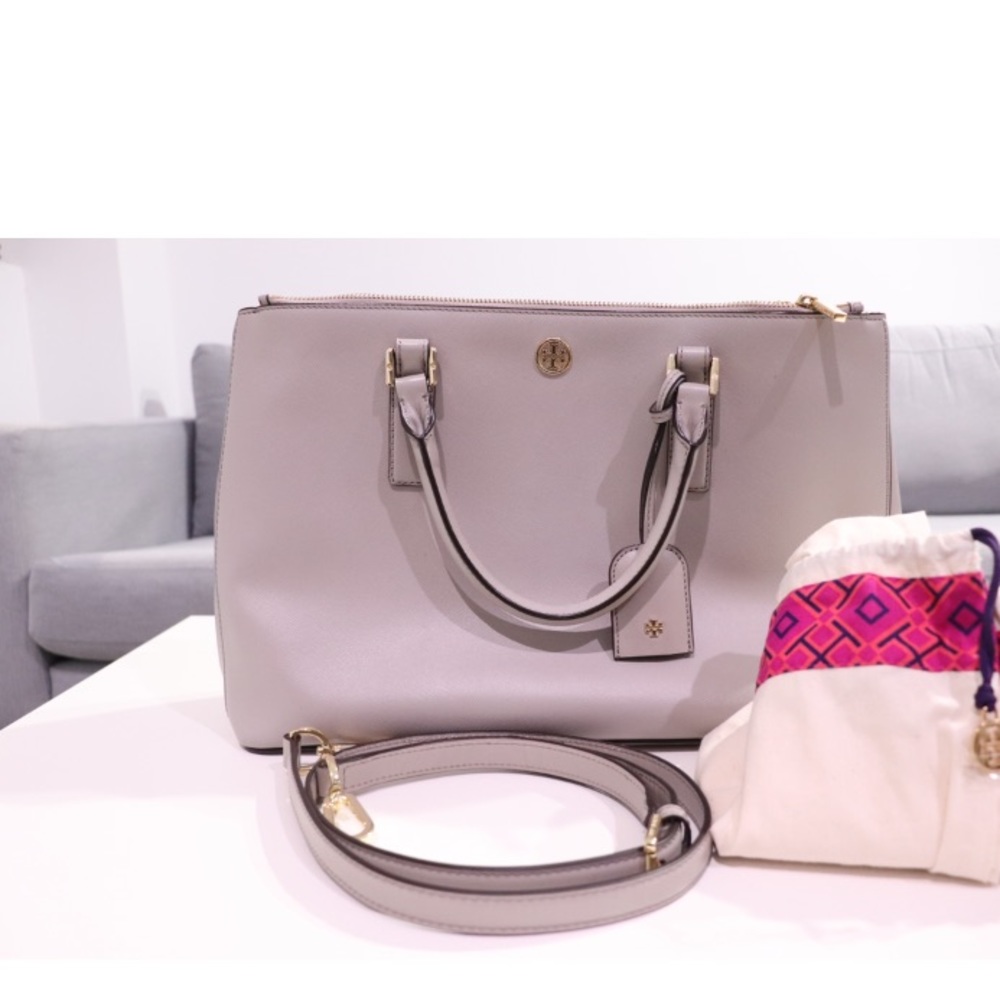 Tory Burch Robinson Gray Double Zip Satchel